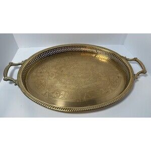 Large‎ Brass Platter 23” Hand Etched. Reticulated Trim W/ Intricate Handles VTG